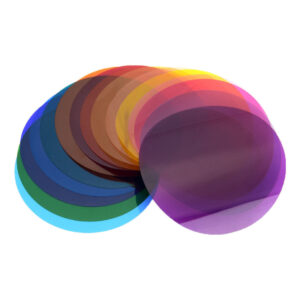 1606374170_312 The Godox VSA-11C Color Effects Set contains a fan-shaped set of translucent, circular filters in blue, green, brown, red, orange, yellow and purple against a white background.