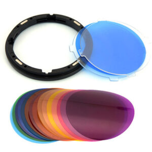 1606374170_778 The Godox VSA-11C Color Effects Set contains round lens filters in blue, violet, red, orange and yellow, which are fan-shaped and have a black filter holder.