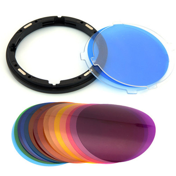 1606374170_778 The Godox VSA-11C Color Effects Set contains round lens filters in blue, violet, red, orange and yellow, which are fan-shaped and have a black filter holder.