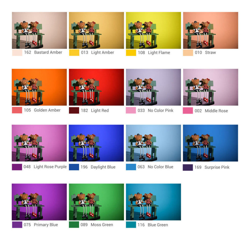 1606374171_814 Six identical cartoon-like children and a dog sit on a bench and are shown 15 times against solid backgrounds, marked with a Godox VSA-11C colour effect set with colour names and numbers, including yellow, red, pink, blue, green and others.