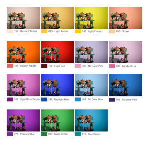 1606374171_814 Six identical cartoon-like children and a dog sit on a bench and are shown 15 times against solid backgrounds, marked with a Godox VSA-11C colour effect set with colour names and numbers, including yellow, red, pink, blue, green and others.