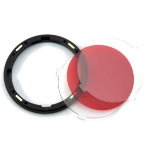 1606374172_601 The Godox VSA-11C Color Effects Set includes a black round plastic ring and two round plastic filters, one red and one clear, both with small tabs for easy handling, all on a white background.