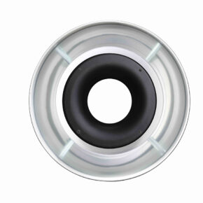 1608637495_532 Ylhäältä alaspäin näkymä Godox RFT-21 Ring Flash Reflector for R1200 -valaisimesta, jossa on moderni pyöreä LED-muotoilu mustalla keskellä ja metallisella ulkoreunalla, eristettynä valkoiselle taustalle.