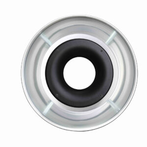 1608637495_532 Ylhäältä alaspäin näkymä Godox RFT-21 Ring Flash Reflector for R1200 -valaisimesta, jossa on moderni pyöreä LED-muotoilu mustalla keskellä ja metallisella ulkoreunalla, eristettynä valkoiselle taustalle.