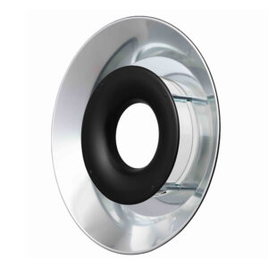 1608637584_697 Godox RFT-21 Ring Flash Reflector for R1200 Silver on pyöreä hopean ja mustan värinen heijastin, jossa on keskeinen musta rengas ja kiiltävä metallipinta, kuvattuna edestä valkoista taustaa vasten.