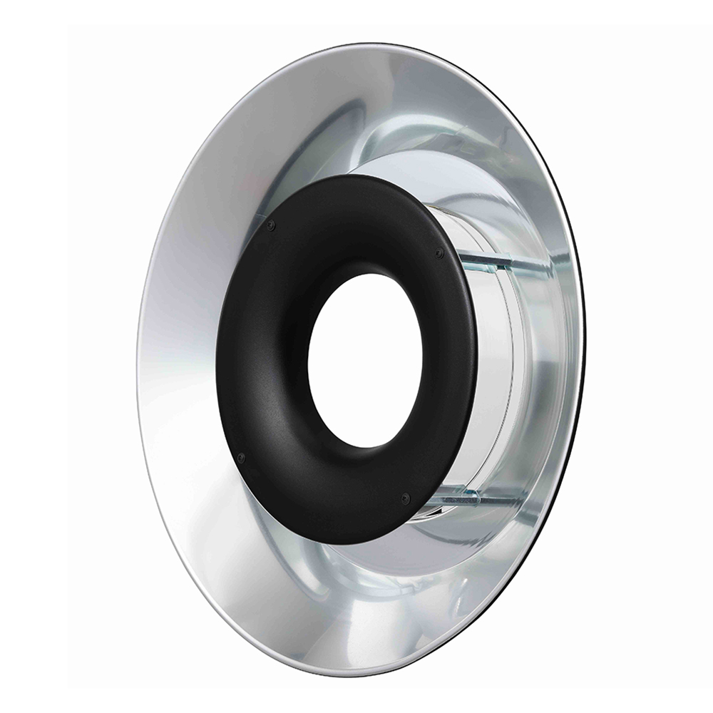 1608637584_697 Godox RFT-21 Ring Flash Reflector for R1200 Silver on pyöreä hopean ja mustan värinen heijastin, jossa on keskeinen musta rengas ja kiiltävä metallipinta, kuvattuna edestä valkoista taustaa vasten.