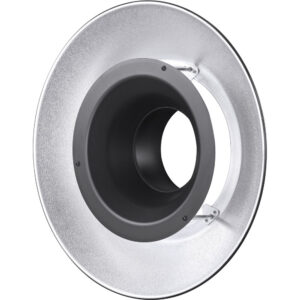 Godox Reflector with Silver Interior for R200 on hopeanvärinen ja musta beauty dish, jossa on keskiaukko ja kuvioitu ulkopinta, joka on suunniteltu hajottamaan ja pehmentämään studiovalaistusta.