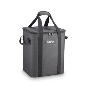 Godox CB-25 -kantolaukku P2400:lle on harmaa, suorakulmainen pehmustettu laukku, jossa on mustat kahvat, sivuhihnat ja vetoketju. Etupuolella on Godoxin logo.