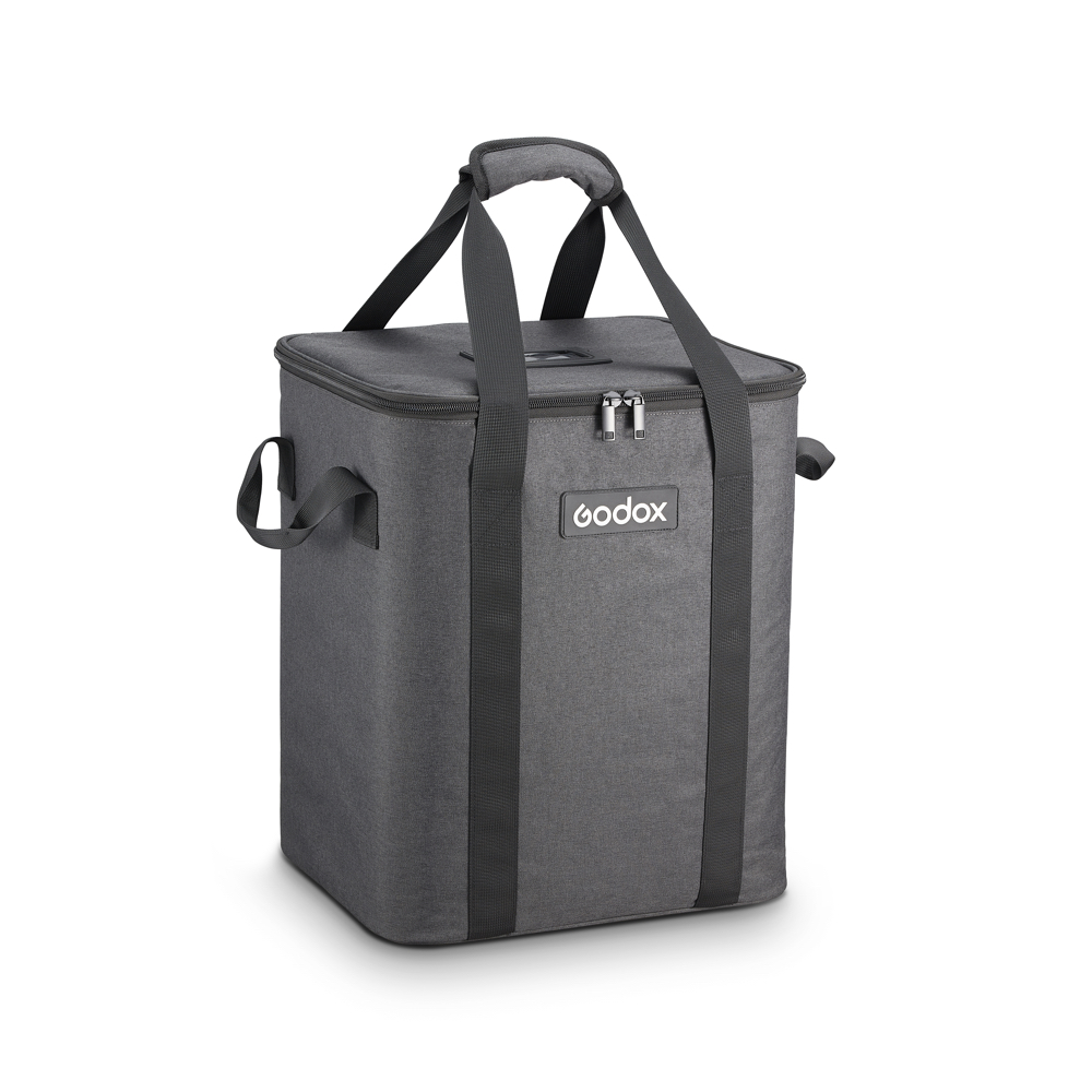 Godox CB-25 -kantolaukku P2400:lle on harmaa, suorakulmainen pehmustettu laukku, jossa on mustat kahvat, sivuhihnat ja vetoketju. Etupuolella on Godoxin logo.