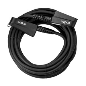 1660047945_465 Musta Godox Extention Power Cable for P2400 - 10m, jossa on kaksi suorakulmaista liitintä, joissa on Godox-merkintä, valkoisella pohjalla.