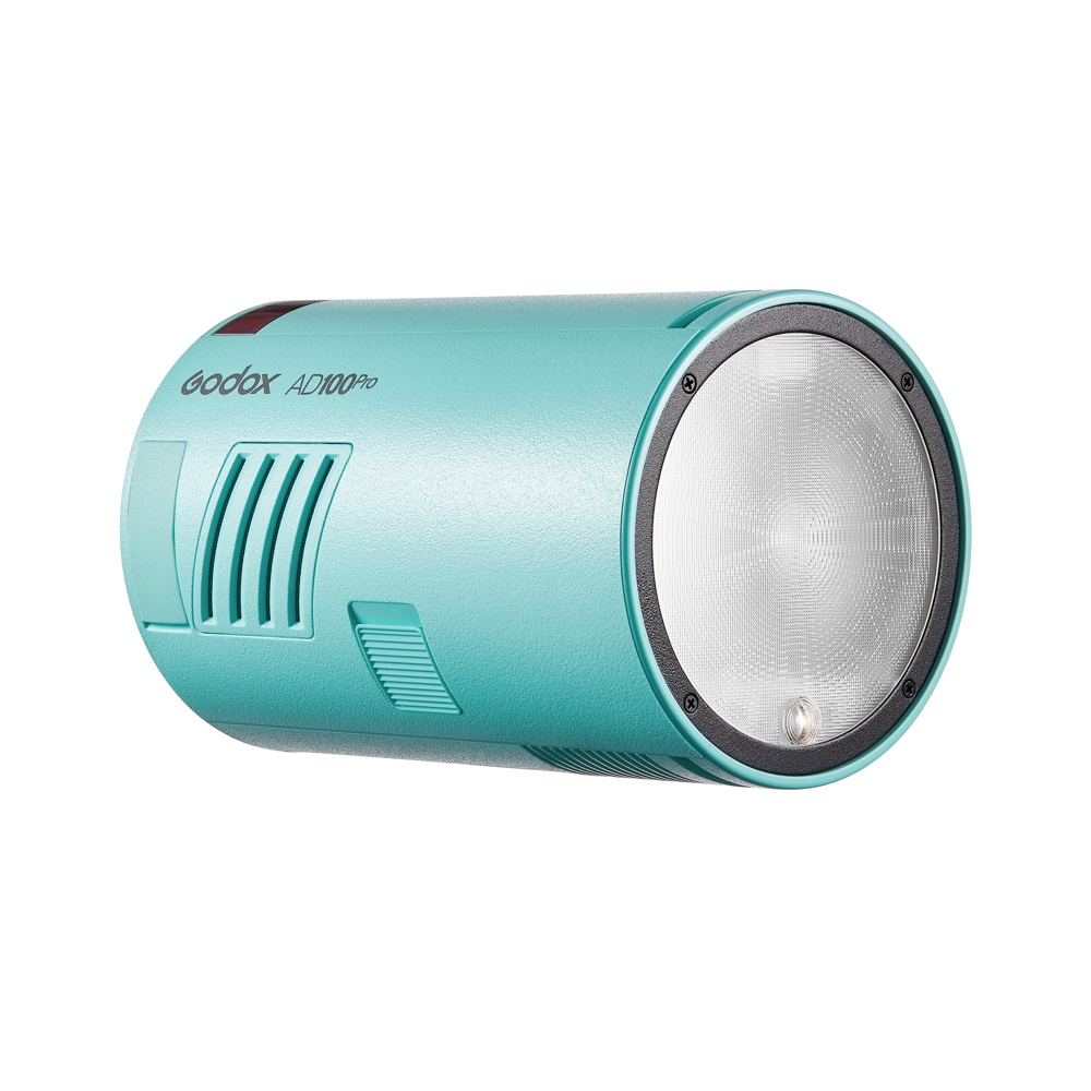 Sininen Godox AD100 Pro TTL -salamavalaisin on kuvassa valkoisella pohjalla, ja siinä näkyy sen tuuletettu sivu ja pyöreä etusalamapaneeli.