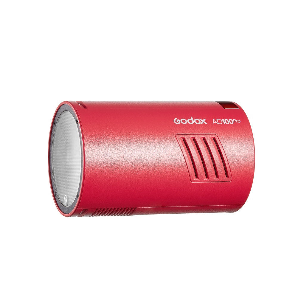 1669807642_595 Godox AD100 Pro TTL - Red -studiosalamavalaisin näkyy valkoisella pohjalla, ja sen logo ja mallinimi näkyvät sivulla.
