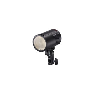 1673424239_513 Godox AD100PRO Flip Travel Kit -valaisimessa on kompakti, lieriömäinen musta studiovalo, jossa on pyöreä LED-etulevy ja joka on kiinnitetty säädettävään kiinnikkeeseen, jossa on kiristysnuppi, kuvassa valkoista taustaa vasten.