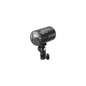 1673424239_622 Godox AD100PRO Flip Travel Kit -studiostroboskooppivalaisin, musta, jossa on takana olevat ohjauspainikkeet ja näyttö, asennettuna metallikannattimeen valkoista taustaa vasten.