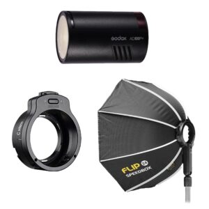 1675928274_756 Godox AD100PRO Flip Travel Kit sisältää salaman, pyöreän pikavalosovittimen ja mustan ja hopeanvärisen Flip 24 Speedbox -softboxin, jossa on jalustakiinnitys valokuvauksen valaistukseen.