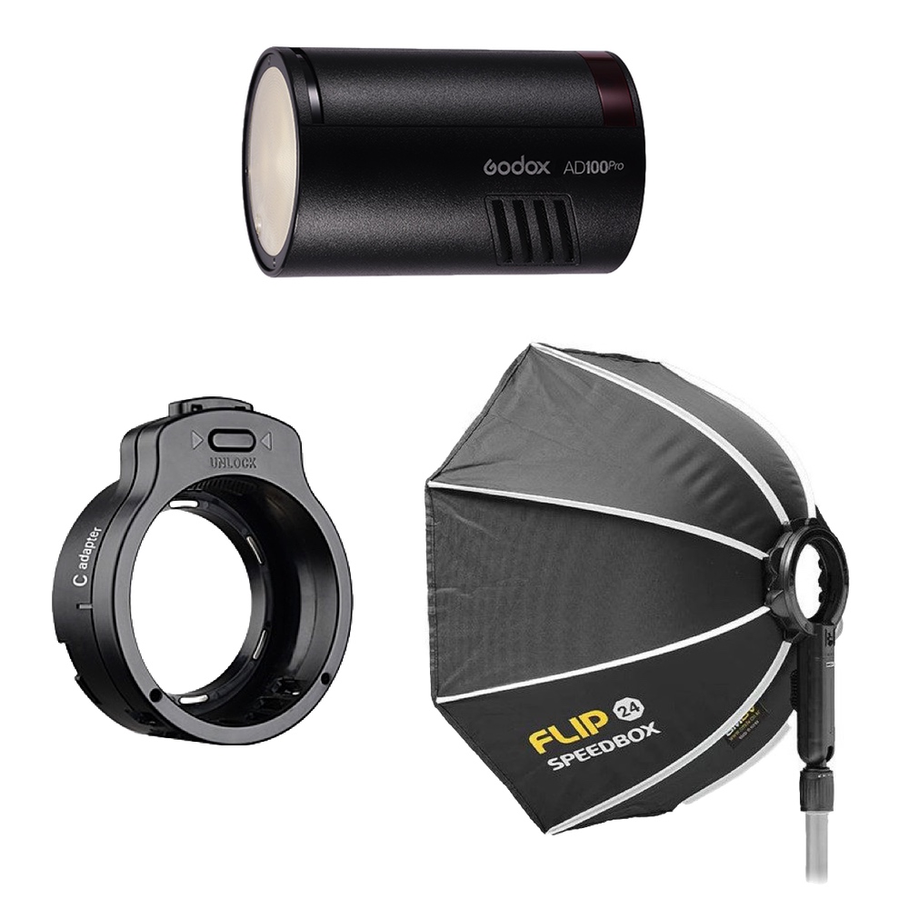 1675928274_756 Godox AD100PRO Flip Travel Kit sisältää salaman, pyöreän pikavalosovittimen ja mustan ja hopeanvärisen Flip 24 Speedbox -softboxin, jossa on jalustakiinnitys valokuvauksen valaistukseen.