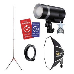 1689759395_022 Godox AD300PRO Go Kit sisältää korkean jalustan, mustan studiovalon, softboxin, kiinnitysrenkaan sekä kaksi palkintomerkkiä parhaasta arvostelusta ja testipaneelin luokituksesta.