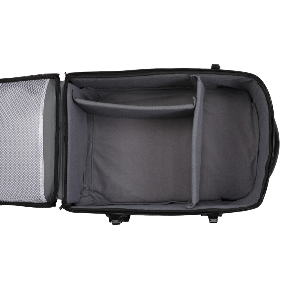 1704787716_723 The Godox CB-17 Carry Roller Bag AD1200 Pro, pictured from top, is open to reveal a grey padded interior with adjustable dividers and a mesh pocket on the left side of the lid.