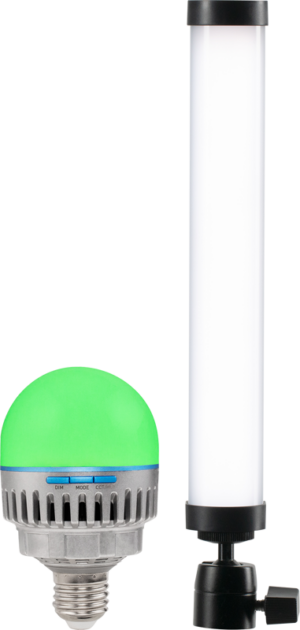 800q-001_123600 The NANLITE series Nanlite Pavotube 6C II & Pavobulb 10C 1+1 includes a green-tipped LED lamp and a cylindrical tubular LED lamp with black base, both upright on a white background.
