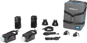 800q-001_124795 The NANLITE Forza 500B II 2 Kit LED spotlight and trolley case includes two LED lights, accessories and a branded trolley case, all displayed on a white background.