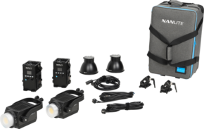 800q-001_124798 NANLITE Forza 300 II 2 Kit LED spotlight and trolley case includes two LED lights, two power supplies, two lamp reflectors, cables, fasteners and a grey Nanlite branded trolley case with white base.