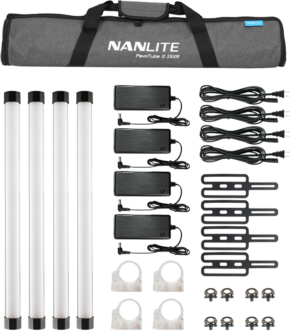 800q-001_124987 NANLITE PavoTube II 15XR 4KIT LED-putkivalo sisältää neljä putkivaloa, neljä virtalähdettä johdoilla, kahdeksan kiinnityskorvaketta, neljä kirkasta kiinnitysklipsiä, kahdeksan ruuvia ja pehmustetun kantolaukun.