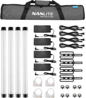 800q-001_124987 The NANLITE PavoTube II 15XR 4KIT LED tube light includes four tube lights, four power supplies with wires, eight mounting brackets, four clear mounting clips, eight screws and a padded carrying case.