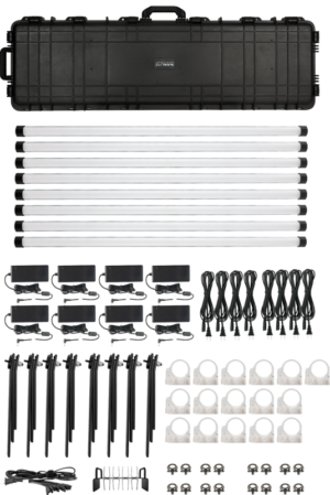 800q-001_124992 The NANLITE PavoTube II 30XR 8KIT LED tube light is presented in its hard case, with eight LED tubes, power adapters and cables, stands, brackets, clamps, rings and screws - all neatly arranged on a white background.