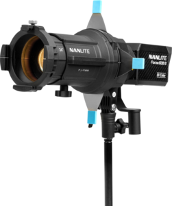 The NANLITE Forza 60B II LED Bi-color with 19° and 36° projection mounts is mounted on a black light stand against a light grey background.