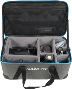 An open grey NANLITE carrying case with padded compartments keeps the NANLITE Forza 60B II LED Bi-color, 19° and 36° projection lenses and accessories neatly organized inside.