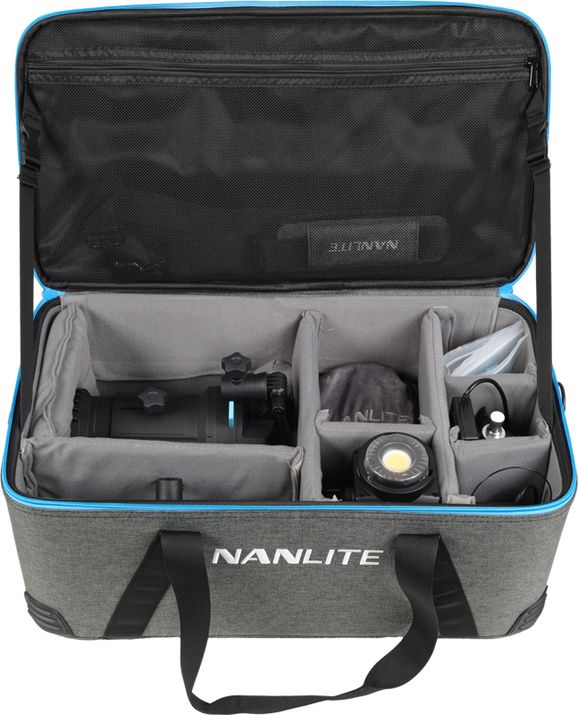 An open grey NANLITE carrying case with padded compartments keeps the NANLITE Forza 60B II LED Bi-color, 19° and 36° projection lenses and accessories neatly organized inside.