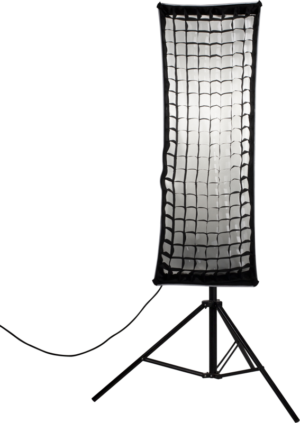 800q-01_111998 The NANLITE Eggcrate grid for Softbox 45x110cm is attached to a tall rectangular studio softbox with a black stand with power cord, set against a white background.
