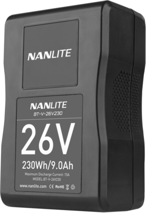 800q-01_114549 The black NANLITE battery V-mount 26V 230Wh, marked BT-V-26V230, contains 26V, 230Wh/9.0Ah, Max Discharge Current: 15A and certification icons at the bottom.