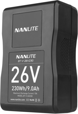 The black NANLITE battery V-mount 26V 230Wh, marked BT-V-26V230, contains 26V, 230Wh/9.0Ah, Max Discharge Current: 15A and certification icons at the bottom.