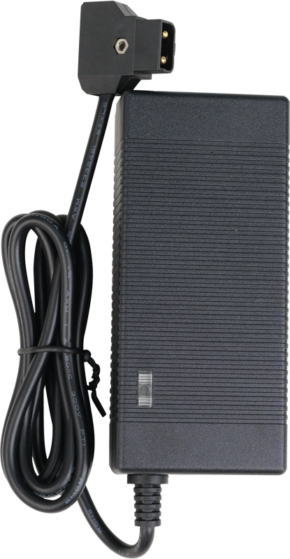 800q-01_114671 The NANLITE battery charger for one 14.8 V V-Mount battery is a black adapter with a ribbed surface, a power cord connected to it, neatly placed next to it, and a rectangular connector with two metal spikes.