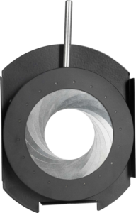 800q-01_115465 Lähikuva NANLITE Adjustable Iris Diaphragm for PJ-FMM: päällekkäiset metalliterät muodostavat pyöreän aukon, joka on asennettu mustaan pidikkeeseen, jonka yläreunasta ulottuu metallitanko.