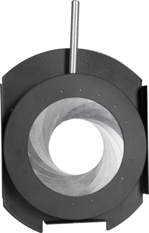 800q-01_115465 Close-up of the NANLITE Adjustable Iris Diaphragm for PJ-FMM: overlapping metal blades form a circular aperture mounted in a black holder with a metal rod extending from the top.