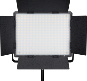 800q-01_116384 The NANLITE 900CSA Bicolor LED Panel, a rectangular studio luminaire with four adjustable black barn doors, is mounted on a pedestal and displayed forward facing with LEDs illuminated.