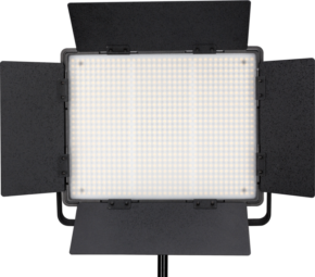 800q-01_116387 The NANLITE 900DSA 5600K LED panel with DMX control, with four adjustable black barn doors, is mounted on a stand, illuminated and facing forward against a plain background.