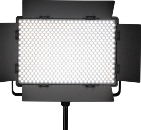 800q-01_116388 The NANLITE 1200CSA Bicolor LED panel with honeycomb mesh and adjustable black barn doors is mounted on a stand and switched on to provide bright illumination.
