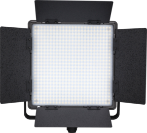 800q-01_116389 The DMX-controlled NANLITE 600DSA 5600K LED panel features a square design and four adjustable black metal barn doors that are illuminated and oriented forward against a plain background.