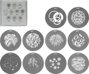 800q-01_117078 NANLITE GOBO Set 2 for PJ-FMM sisältää kymmenen pyöreää metallista sablonia, joissa on kuvioita, kuten lumihiutaleita, liekkejä, kasveja, ilotulitteita ja abstrakteja kuvioita, jotka on esitetty kotelossa, jossa on pienet kaaviot kustakin sabloonasta.