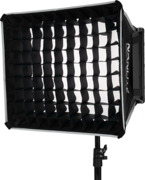 800q-01_117079 The NANLITE Barndoor With Softbox for MixPad II 27C is mounted on a light stand with a black box softbox designed to provide controlled, focused lighting for photography or video production.