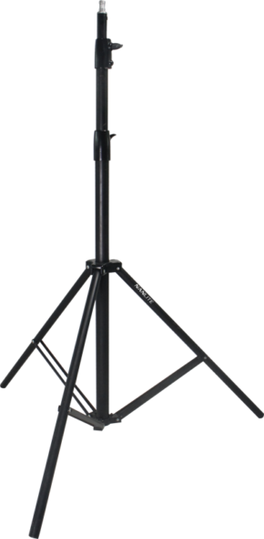 NANLITE LS-288 Light Stand, musta säädettävä kolmijalkainen kolmijalkainen jalusta, joka on suunniteltu valaistus- tai äänentoistolaitteita varten, on esillä valkoista taustaa vasten.