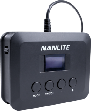 800q-01_117793 The NANLITE WC-USBC-C1 Wire Controller is black, with a small digital display, four round buttons - Mode, Switch, Minus, Plus - and a top-mounted cable.