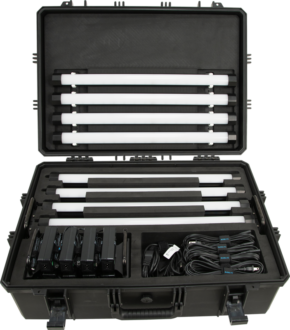800q-01_117800 NANLITE Hard Case for 8 pcs PavoTube II 15X with internal EVA is a black hard case with compartments for eight LED tube lights, their power adapters and twisted cables, all neatly arranged.