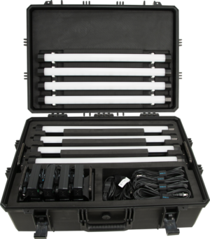 800q-01_117800 NANLITE Hard Case for 8 pcs PavoTube II 15X with internal EVA is a black hard case with compartments for eight LED tube lights, their power adapters and twisted cables, all neatly arranged.