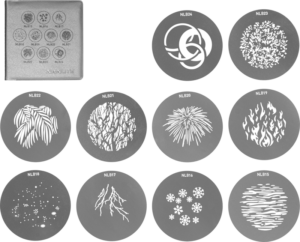800q-01_117970 NANLITE GOBO Set 2 for PJ-BM includes a silver case and ten round metal stencils with abstract shapes, flowers, flames, stars, lightning, snowflakes and wavy patterns on a white background.