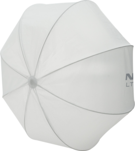 800q-01_118861 NANLITE Lantern Softbox LT-80-QR-FD näkyy ylhäältäpäin, ja siinä on sen läpikuultava valkoinen materiaali, näkyvät metallikylkiluut ja keskuskeskiö.