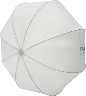 800q-01_118861 NANLITE Lantern Softbox LT-80-QR-FD näkyy ylhäältäpäin, ja siinä on sen läpikuultava valkoinen materiaali, näkyvät metallikylkiluut ja keskuskeskiö.